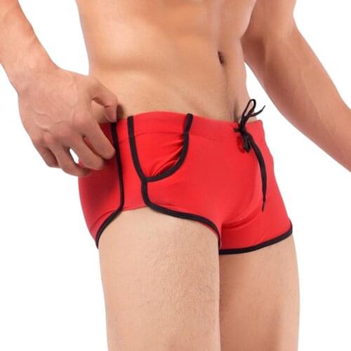 Hot Men Swimming Trunks Boxer Brief Shorts Solid color Low Rise lacing Front Pocket Summer Beachwear Board Surf Swim Shorts