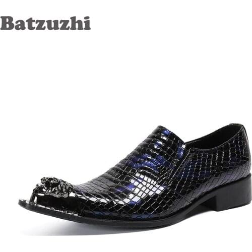 Batzuzhi Western Formal Mens Shoes Pointed Metal Tip Genuine Leather Dress Shoes Men Business Party Shoes Male Flats Oxfords