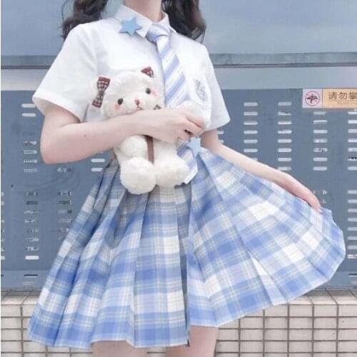 [Ice Cream] Japanese Girl Summer Blue Plaid High Waist Pleated Skirts Plaid Skirts Women Dress For JK School Uniform Students