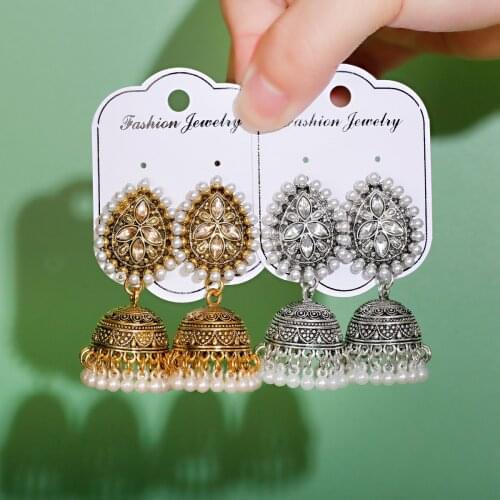 2021 Vintage Golden Pearl Tassel Bollywood Alloy Turkey Style Earrings For Women Ethnic Pearls Tassel Jhumka Earrings
