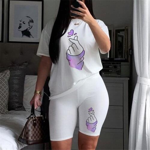 Women Plus Size Two Piece Set Heart T-shirts & Shorts Set Summer Short Sleeve Jogging Biker Shorts Sexy Outfit For Woman Suit