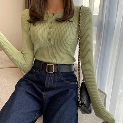 Womens Slim Sweaters Spring Autumn Long Sleeve Thin Ladies Solid Round Neck Jumper Casual Knitted Tops Buttons Female Pullover