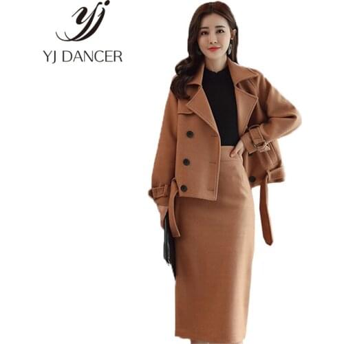 Two piece set Elegant Women spring New Casual Woolen coat Slim skirt Suit Femme Warm Woolen Sets 2 piece set autumn high quality