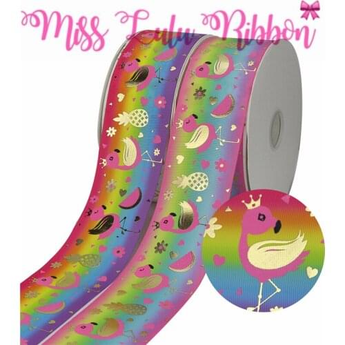 3"75mm Pink Flamingo Gold Foil Black Pink Ink Printed Grosgrain Ribbon DIY Party Decor Hair Bowknots Gradient Color 50yards/roll