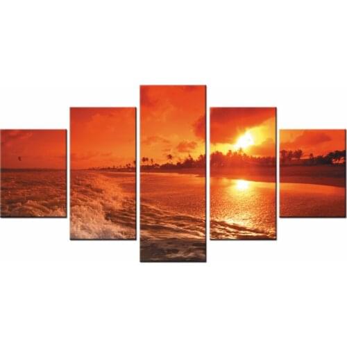 5 Pieces Sunset Beach Sea Wave Wall Art Picture Home Decoration Living Room Canvas Print Wall Picture On Canvas Framed 006-01