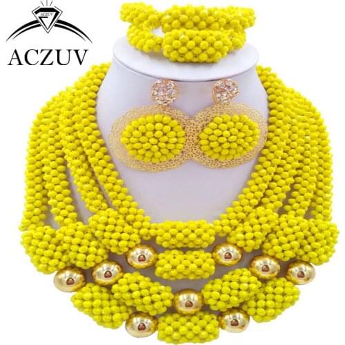 ACZUV Latest Yellow Crystal Africa Beads Jewelry Set Nigerian Wedding Accessories D4R014