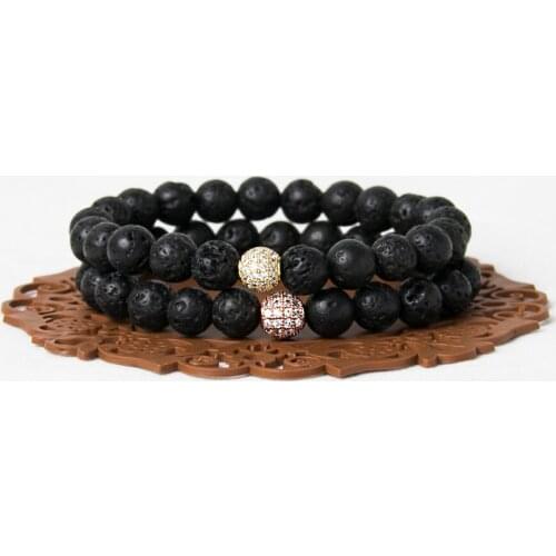 Black Lava Stone Bracelet with Micro Pave CZ Cubic Zirconia Disco Beads Bracelets Pulseras Men Women
