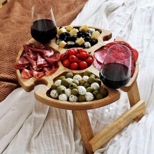 Wooden Outdoor Foldable Picnic Table Portable Travel Outdoor Wine Glass Holder Dining Table Stand for Picnic Camping Hiking Desk