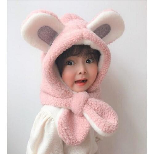 Cartoon Little Bear Baby Hat Autumn and Winter Solid Color Plush Children Scarf Cute Boys and Girls One Hat