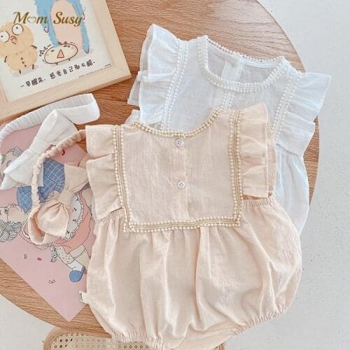 Baby Girl Princess Vintage Cotton Romper Ruffle Summer Newborn Infant Toddler Jumpsuit With Headwear Outfits Baby Clothes 0-2Y