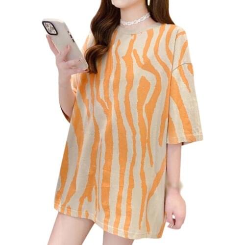 Womens Short-sleeved T-shirt Summer Korean Version Of Zebra Print Loose Round Neck Couple Top