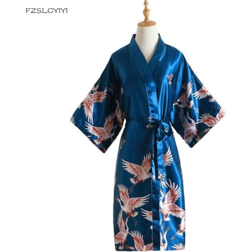 FZSLCYIYI Print Female Sleepwear Lake Blue Chinese Silk Rayon Robe Dress Bridemaids Sexy Wedding Nightgown Kimono Bathrobe