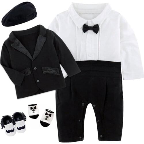 Baby Boy Wedding Outfit Toddler 1st Birthday Gift Suits Infant Boys Patchwork Cotton Romper Formal Gentleman Clothing Set 5PCS