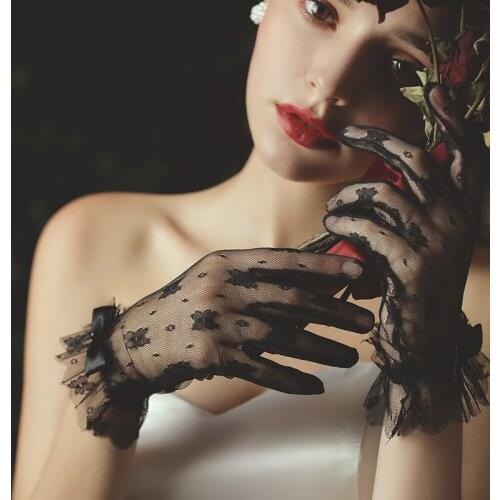 Short Transparent White Black Gloves Wedding Bridal Gloves Lace Tulle Flower Gloves Women Guantes Mujer Party Dress Glove