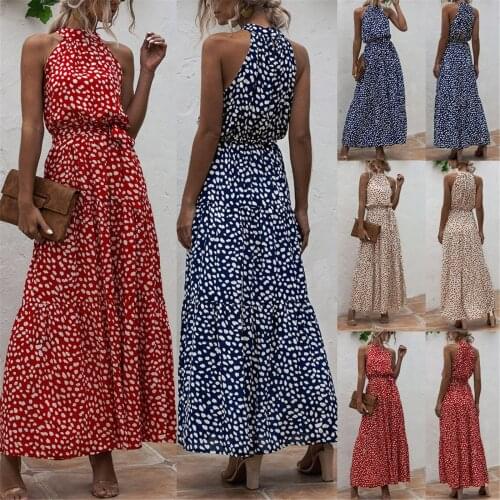 Summer Long Dress Polka Dot & Floral Print Casual Dresses Sexy Halter Strapless Boho Dress Sundress Vacation Clothes For Women