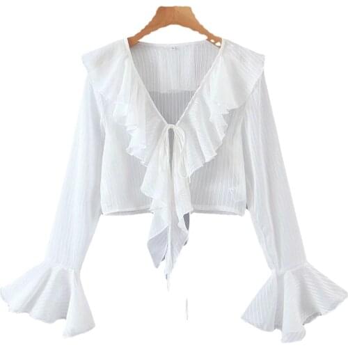Fashion Design Women White Shirts Summer New 2021 Ruffles Flare Sleeved Solid Slim Bandage Elegant Office Lady Outwear Tops