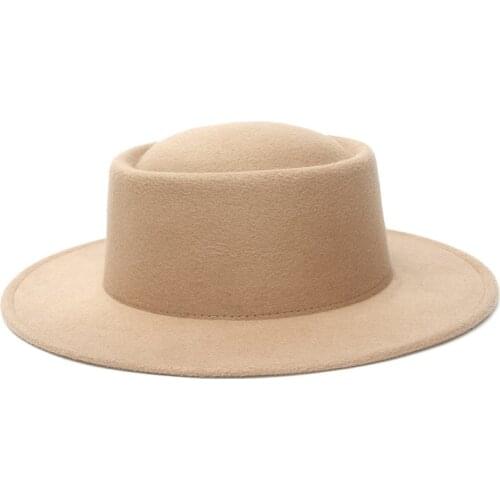 New Fashion Solid Color Imitation Woolen Pork Pie Boater Flat Top Hat For Womens Mens Wide Brim Fedora Hat Jazz Cap Bowler