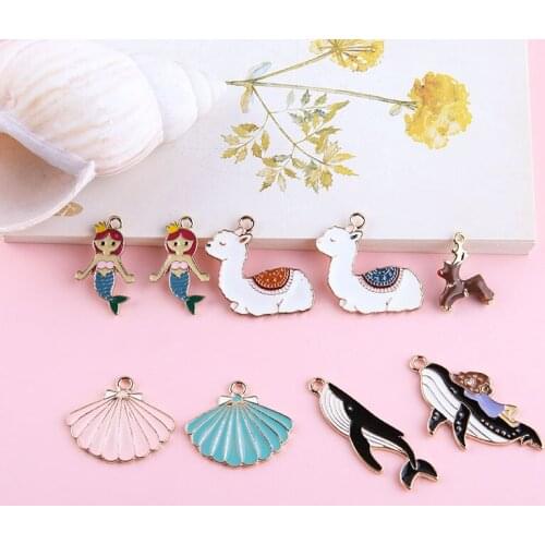 Newest Enamel Animal Charms kawaii Mermaid Girl Sheep Sea Shell Deer dolphin DIY Jewelry Earring Necklace Pendants 30pcs