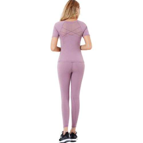 New fast drying high stretch yoga womens dress high waist show buttock solid color sports suit short sleeves