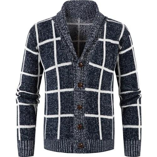 New Winter Thick Cardigan Mens Sweater Zipper Plaid Fashion Warm Slim fit Knitted Sweater Male Fleece Coats Men S-3XL