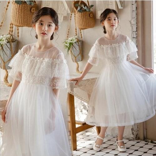 Bridesmaid Dresses Girls 2021 Summer Kids Clothes Girls White Lace Flower Princess Party Dresses 4 6 8 10 12 Teen Clothes