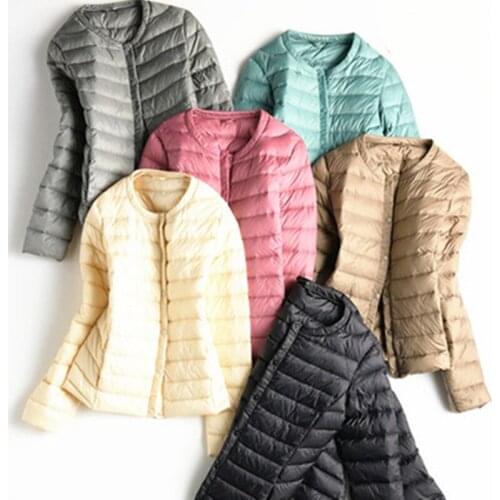 2021 New Spring Autumn Womens Thin Long Sleeve Liner Collarless Lightweight Down Jacket Womens Round Neck Short Jacket