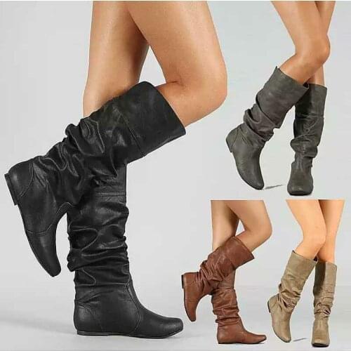 Plus size 2021 warm womens boots, fashion boots, solid color pleated high-top leather boots