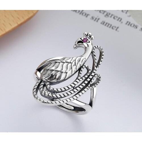 Real 925 Sterling Silver Hollow Peacock Open Rings Retro Trendy S925 Solid Thai Silver Rings Vintage Gift for Women Girl Jewelry