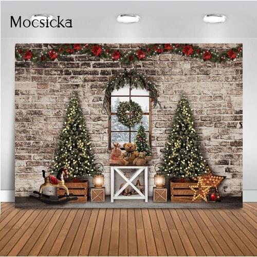 Christmas tree gray bricl wall photography backdrop winter windows merry christmas background for photo booth studio photocall