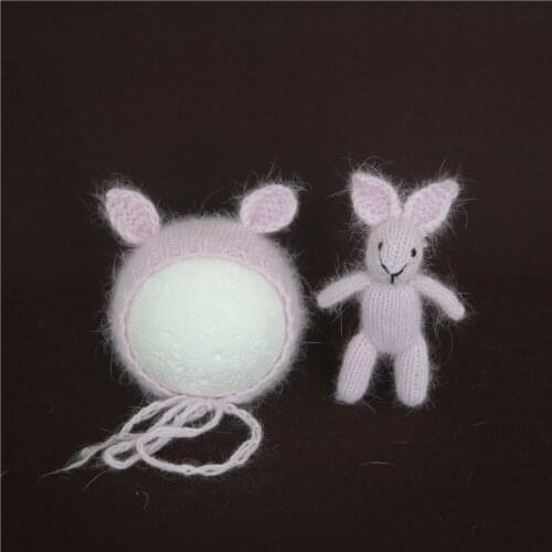 Pink Angola Teddy Bear Bonnet Toy Set Newborn Photography Props Hand Knitted Stuffed Animal Filler Doll Hat Photo Shoot