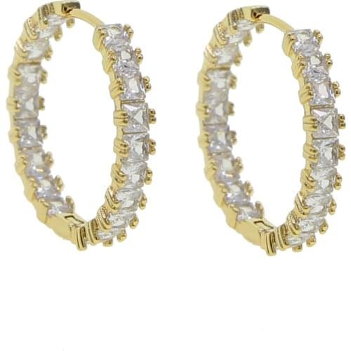 Luxury Gold Silver Color Wedding Drop Earring Square Clear CZ Zircon Mosaic Round Circle Big Hoop Earrings Women Super Jewelry