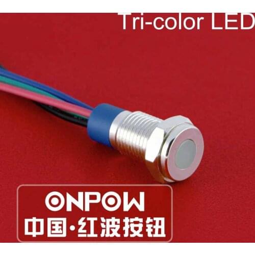 ONPOW 8mm Waterproof signal light Flat Tri-color RGB pilot lamp 6V, 12V, 24V LED indicator light (GQ8T-D/Y/RGB/S)