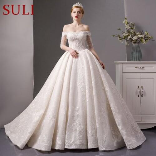 SL-6070 Full Lace beads luxury off the shoulder boat neck ball gown wedding dress 2019 bridal dress wedding gown