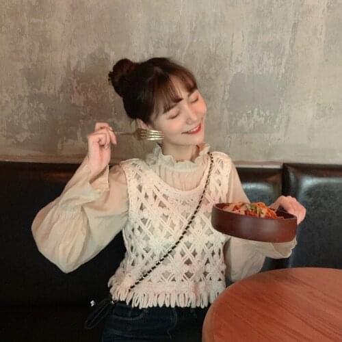 Loose flare sleeve sweet style Korean clothes Two-piece set fashion brand hollow out knitted vest ladies tops women shirts new