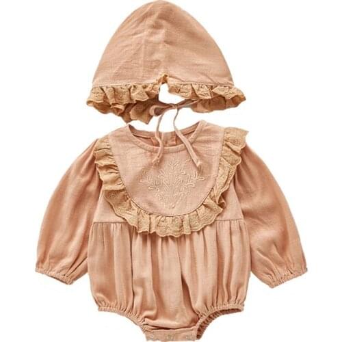 2021 Spring Princess Girl Clothes Flax Cap+Bodysuit Newborn Girls Clothing Lace High Quality Birthday Baptism Baby Girl Clothing