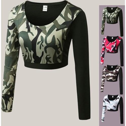 Women Fitness Yoga Clothes Sexy Exposed Navel Yoga Shirt Quick Dry Camouflage Gym Long Sleeve Seamless Crop Top Shirt Sportswear