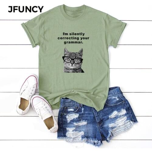 JFUNCY Cat Print T Shirt Women Short Sleeve Loose Tshirt Woman Summer Cotton Tee Shirts Plus Size Female Tops