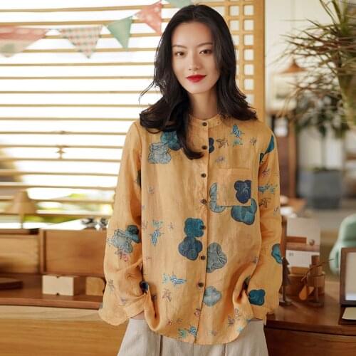 Johnature Women Vintage Ramie Shirts Print Floral Loose Button Blouses High Quality Chinese Style 2021 Spring Long Sleeve Tops