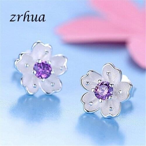 ZRHUA 925 Sterling Silver Earrings Zircon Flower Luxury Stud Earrings For Women brincos pendientes White/Pink/Purple Jewlery