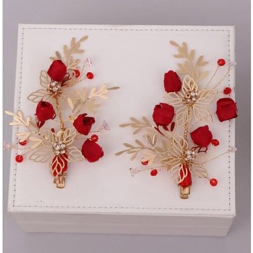 FORSEVEN Women Girl Delicate Handmade Crystal Red Flower Hairpins Bridal Bride Noiva Wedding Hair Jewelry Headpieces Ornaments