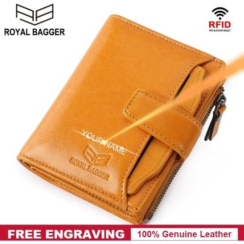 Royal Bagger Classic Ladies Short Wallets Korean Fashion RFID Block Female Coin Purse Genuine Leather Women Wallet Card Holder