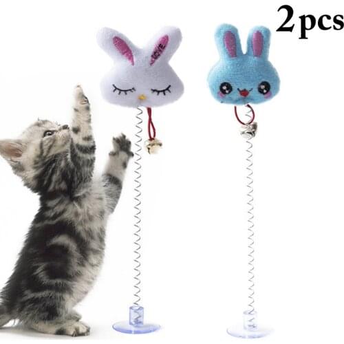 2pcs Plastic Cat Interactive Toy With Bottom Sucker Elastic Spring Feather Plush False Rabbit Catnip Funny Pet Toys