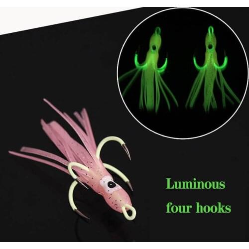 4pcs/Lot Fishing Lure Glow Night Quadruple Hook Luminous Octopus Artificial Bait Hook Alloy Steel Fishhook Octopus Lure Skirts