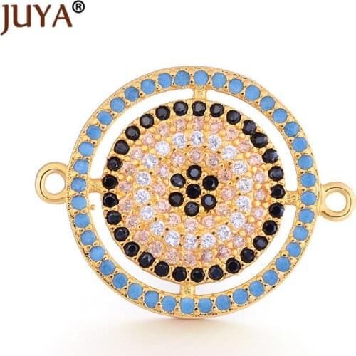 Jewelry making accessories multicolor zircon rhinestone round evil eye pendant connectors for diy bracelet necklace findings