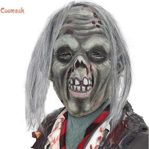 Cosmask Halloween Masks Real Adult Party Costume Horror Mask Latex Long Hair Old Man Zombie Headgear Horror Carnival Cosplay