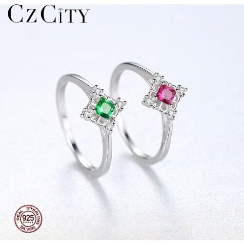 CZCITY Design 925 Sterling Silver Square Rings for Women Party Luxury CZ Red and Green Gemstone Popular Jewelry Christmas Gift