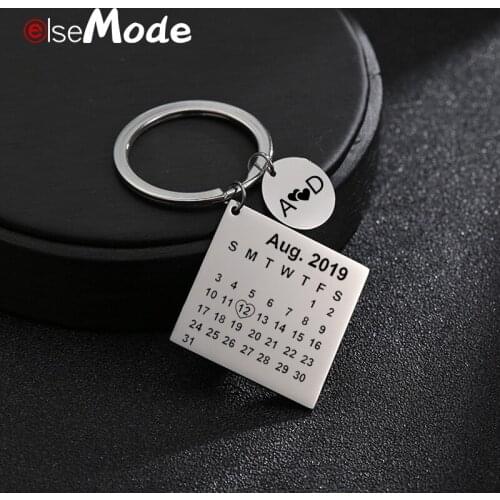 ELSEMODE Custom Calendar Keychain Stainless Steel Engrave Names Date For Lovers Familys Anniversary gift