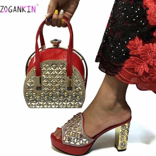 Red Hot Selling Woman African Slipper And Purse Set Nigerian Style High Heels Pumps Shoes And Bag For Party Fashion Party