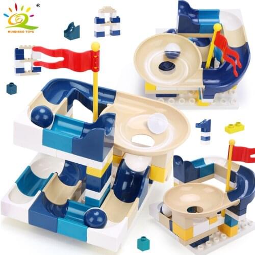 HUIQIBAO 52CS Marble Run Race Track Slide DIY Building Blocks City Set Big Size Baseplate Funnel Bricks Educational Toys Kids