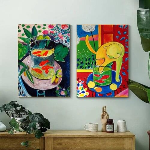 Henry Gold Fishes Matisse Cat with Fish Canvas Painting Poster Print Modern Wall Art Picture for Living Room Home Decor Cuadros